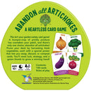 The game 'Abandon All Artichokes' by Gamewright features a circular green design with illustrations of vegetables like onion, broccoli, eggplant, and beet on card faces. The title is prominently displayed at the top in bold, fun typography, along with the tagline 'A Heartless Card Game'. The packaging details include instructions, the number of players (2-4), age recommendation (10+), and the gameplay duration (20 minutes). The design is vibrant and playful, appealing to card game enthusiasts.
