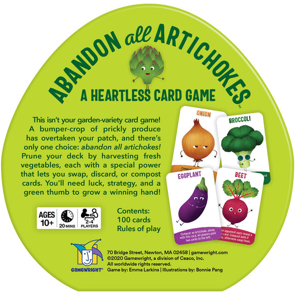 The game 'Abandon All Artichokes' by Gamewright features a circular green design with illustrations of vegetables like onion, broccoli, eggplant, and beet on card faces. The title is prominently displayed at the top in bold, fun typography, along with the tagline 'A Heartless Card Game'. The packaging details include instructions, the number of players (2-4), age recommendation (10+), and the gameplay duration (20 minutes). The design is vibrant and playful, appealing to card game enthusiasts.