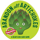 Abandon All Artichokes game by Gamewright featuring a cartoon artichoke character with a surprised expression. The packaging is bright green with bold text announcing 'ABANDON all ARTICHOKES' and describing it as 'A heartless card game.'