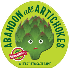 Abandon All Artichokes game by Gamewright featuring a cartoon artichoke character with a surprised expression. The packaging is bright green with bold text announcing 'ABANDON all ARTICHOKES' and describing it as 'A heartless card game.'
