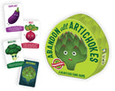 The game 'Abandon All Artichokes' by Gamewright is displayed. The package features a cartoon artichoke character with a surprised expression against a bright green background. Surrounding the box are playful cards representing various vegetables including an eggplant, beet, and broccoli, each with cute facial expressions and player instructions.