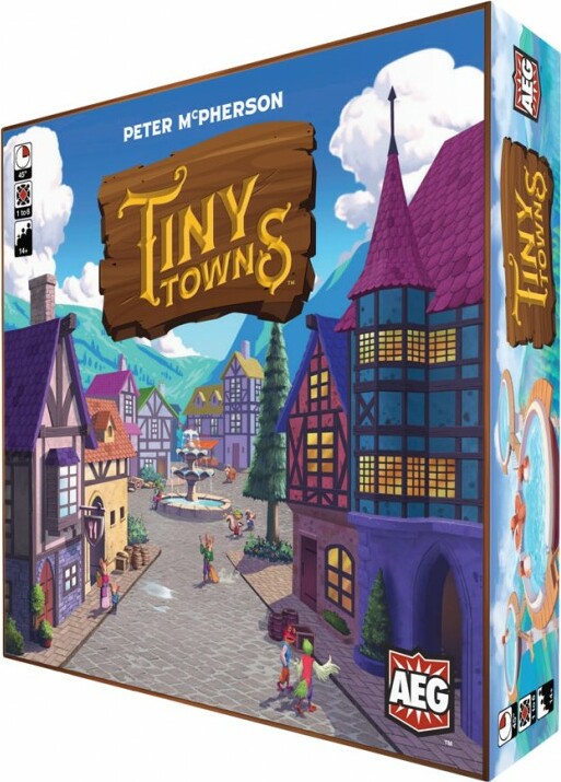 The game box for Tiny Towns, featuring colorful illustrations of a quaint village with various buildings, trees, and a fountain. The title 'Tiny Towns' is prominently displayed on a wooden sign at the top, along with the designer's name, Peter McPherson. The box design includes a vibrant sky and charming details, depicting a lively atmosphere.