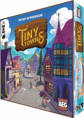 The game box for Tiny Towns, featuring colorful illustrations of a quaint village with various buildings, trees, and a fountain. The title 'Tiny Towns' is prominently displayed on a wooden sign at the top, along with the designer's name, Peter McPherson. The box design includes a vibrant sky and charming details, depicting a lively atmosphere.