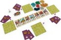 Tiny Towns board game by Alderac Entertainment, featuring diverse wooden resources, player boards, and cards spread across a table. The game setup includes various colored cubes, square game tiles, and a scoring track. A fun and strategic game for family and friends.