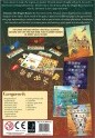 The back cover of the game 'Almanac: The Dragon Road' by Matagot. It showcases vibrant illustrations and various game components such as cards and tokens. The layout features a detailed overview of game mechanics and themes, highlighting the adventurous journey players will embark on pitting them against dragons and encouraging strategic decision-making. The design is colorful and engaging, designed to attract board game enthusiasts.