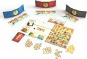 A vibrant tabletop game 'Almanac: The Dragon Road' by Matagot, featuring colorful game pieces including cards, player boards, and tokens, designed for engaging multiplayer strategy.