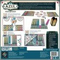 The back cover of the Azul: Stained Glass of Sintra game by NEXT MOVE GAMES, showcasing vibrant illustrations, game components, and instructions. The design features an array of colorful glass tiles, scoring boards, and a summary of game rules.