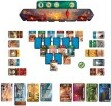 A strategic two-player game, 7 Wonders Duel, featuring a vibrant game board and various cards laid out. The game setup includes resources, wonders, and a grid of action options for players, all designed for competitive gameplay and strategic planning.