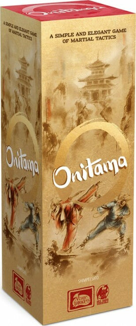 Onitama game box by Arcane Wonders, featuring elegant martial arts illustrations. The design highlights its strategic gameplay elements and the title in bold letters. Ideal for game nights, suitable for 2 players, and promotes tactical thinking.