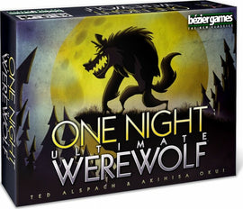 One Night Ultimate Werewolf board game box featuring a shadowy werewolf silhouette against a yellow moon backdrop. The title is prominently displayed in bold, eye-catching letters, emphasizing its ultimate gameplay experience.