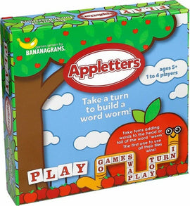 Appletters game box by Bananagrams featuring a playful illustration of an apple tree and a cartoon worm. The box includes the tagline 'Take a turn to build a word worm!' and is designed for 1 to 4 players aged 5 and up. The colorful graphics highlight a fun and educational experience centered around word-building.