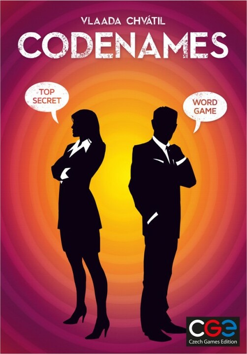 Codenames board game cover featuring two silhouetted characters in suits, facing opposite directions against a vibrant orange and pink gradient background. The title 'Codenames' is prominently displayed at the top, along with the phrases 'Top Secret' and 'Word Game' in speech bubbles.