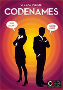 Codenames board game cover featuring two silhouetted characters in suits, facing opposite directions against a vibrant orange and pink gradient background. The title 'Codenames' is prominently displayed at the top, along with the phrases 'Top Secret' and 'Word Game' in speech bubbles.