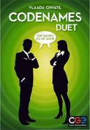 Codenames: Duet board game cover featuring silhouettes of a man and woman in formal attire. The title 'Codenames Duet' is prominently displayed atop a vibrant green background, with the tagline 'Top Secret Co-Op Game' in an inviting speech bubble. The logo for Czech Games is at the bottom right corner.