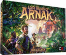 The box of the board game 'Lost Ruins of Arnak' by Czech Games features vibrant artwork depicting explorers in a lush jungle. The title is prominently displayed at the top, with characters engaging in an adventure amidst towering ruins and exotic flora. The scene conveys a sense of mystery and exploration, inviting players to embark on a thrilling journey.