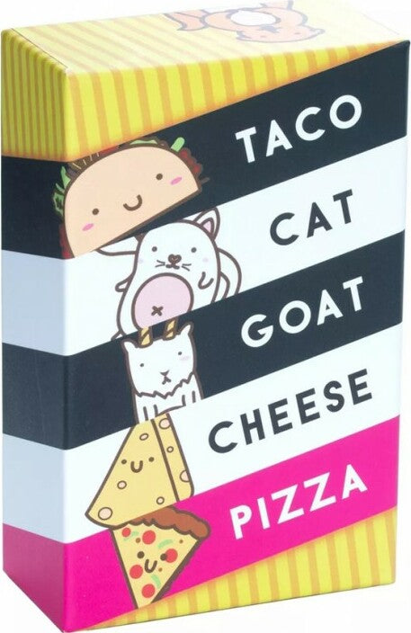 The game 'Taco Cat Goat Cheese Pizza' by Dolphin Hat Games features a colorful box with cartoon illustrations of tacos, cats, goats, cheese, and pizza. The design is playful and eye-catching, suitable for family game nights or gatherings. The vibrant colors enhance its fun and engaging theme.