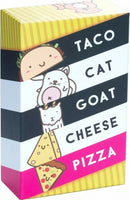 The game 'Taco Cat Goat Cheese Pizza' by Dolphin Hat Games features a colorful box with cartoon illustrations of tacos, cats, goats, cheese, and pizza. The design is playful and eye-catching, suitable for family game nights or gatherings. The vibrant colors enhance its fun and engaging theme.
