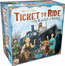 Ticket to Ride: Rails & Sails board game by Days of Wonder. The box features colorful illustrations of diverse characters, a steam engine, and a ship. Ideal for family game nights.