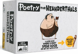 A game box for 'Poetry for Neanderthals' by Exploding Kittens. The box features a humorous illustration of a Neanderthal-like character holding a book, surrounded by playful graphics. The text highlights that it's a word game for ages 7 and up, designed for 2 or more players, with an included inflatable item.
