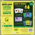 The back of the 'Throw Throw Avocado' card game box by Exploding Kittens. Features colorful illustrations showing how to play the game, including cards with avocados and other playful graphics. A vibrant green background enhances the fun and energetic theme.