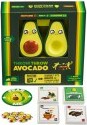 The Throw Throw Avocado game by Exploding Kittens features a vibrant packaging showcasing two avocado-shaped plush toys and various game components. The box displays the playful design with illustrations of avocados and a fun theme. Included are game cards, a game board, and instructions, all designed to create an exciting and humorous game experience for players.