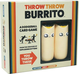 Throw Throw Burrito game by Exploding Kittens, featuring a colorful box with two soft burrito plushies. The packaging highlights it as a dodgeball card game for ages 7 and up, designed for 2-6 players, with illustrations demonstrating gameplay.