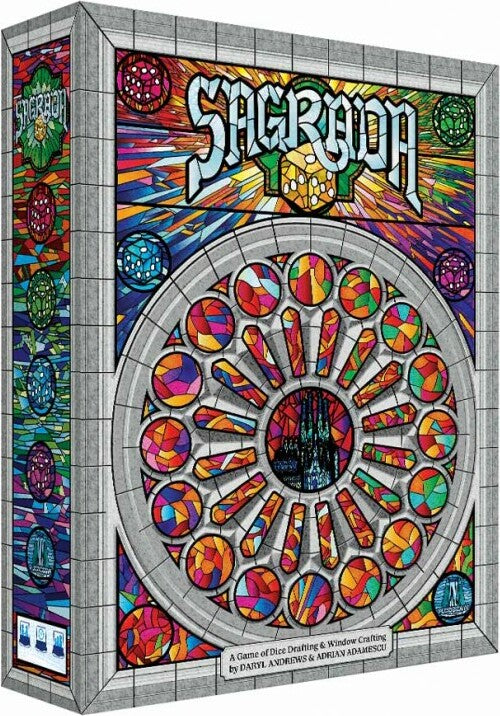 Sagrada game box by Floodgate Games featuring vibrant stained glass artwork. The design showcases colorful gems and intricate patterns reminiscent of a cathedral window, emphasizing its dice drafting and window crafting gameplay mechanics.