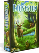 The game package for 'Ecosystem' by Genius Games features a vibrant illustration of a lush forest scene. In the foreground, a deer and a fawn are depicted beside a stream, while other wildlife, including a bear and a fox, can be seen in the background among the trees. The title 'ECOSYSTEM' is boldly displayed on the side of the box in bright blue letters, with designer credit at the top.
