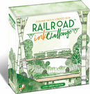 Railroad Ink: Lush Green game box featuring a whimsical design of trains traveling through a lush green landscape, surrounded by trees and nature. The title is prominently displayed in a playful font, emphasizing the game's theme of building railways.