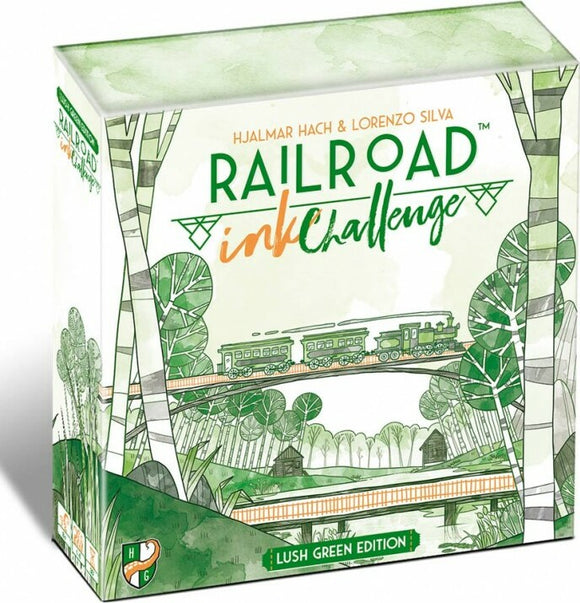 Railroad Ink: Lush Green game box featuring a whimsical design of trains traveling through a lush green landscape, surrounded by trees and nature. The title is prominently displayed in a playful font, emphasizing the game's theme of building railways.