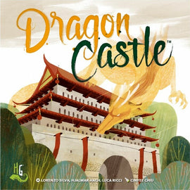 The cover of the board game Dragon Castle by Horrible Guild, featuring an illustrated structure resembling an Asian-inspired castle. A vibrant dragon looms above it, surrounded by lush greenery, creating an enchanting and magical atmosphere. The title 'Dragon Castle' is prominently displayed in whimsical typography, inviting players to explore this captivating game.