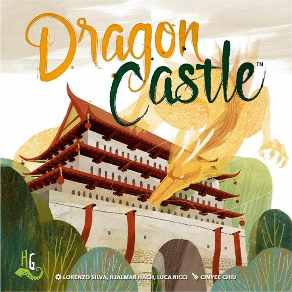 The cover of the board game Dragon Castle by Horrible Guild, featuring an illustrated structure resembling an Asian-inspired castle. A vibrant dragon looms above it, surrounded by lush greenery, creating an enchanting and magical atmosphere. The title 'Dragon Castle' is prominently displayed in whimsical typography, inviting players to explore this captivating game.