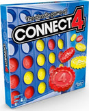 Connect 4 (Revised Edition) board game box designed by Hasbro, featuring bright red and yellow circular discs. The game encourages strategic thinking and includes a grid layout for connecting four pieces in a row. Ideal for ages 6 and up and designed for 2 players. The packaging showcases the game's title prominently along with age and player information.
