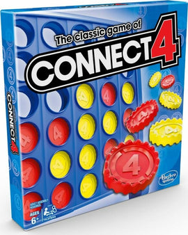 Connect 4 (Revised Edition) board game box designed by Hasbro, featuring bright red and yellow circular discs. The game encourages strategic thinking and includes a grid layout for connecting four pieces in a row. Ideal for ages 6 and up and designed for 2 players. The packaging showcases the game's title prominently along with age and player information.