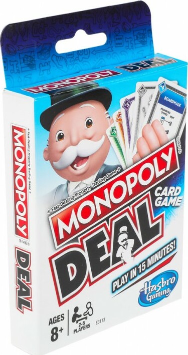 Monopoly Deal: 2017 Edition card game by Hasbro Inc. The packaging features the iconic Monopoly character with a mustache and top hat, along with vibrant colors and game highlights. The box indicates it's suitable for ages 8 and up and can be played by 2 to 5 players, promoting quick gameplay in just 15 minutes.