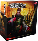 A box of the board game 'Betrayal at Baldur's Gate' by Avalon Hill, featuring artistic illustration of a brooding character with a sword, standing before a gothic cityscape. The design showcases vibrant colors and intricate details, highlighting the mysterious and adventurous theme of the game, suitable for ages 12 and up.
