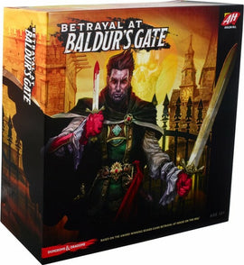 A box of the board game 'Betrayal at Baldur's Gate' by Avalon Hill, featuring artistic illustration of a brooding character with a sword, standing before a gothic cityscape. The design showcases vibrant colors and intricate details, highlighting the mysterious and adventurous theme of the game, suitable for ages 12 and up.