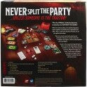 The game 'Betrayal at Baldur's Gate' by Avalon Hill Hasbro, featuring an array of game cards, tokens, and a dark-themed game board. The back of the box displays the phrase 'Never Split the Party,' emphasizing teamwork and strategy. Includes components for immersive gameplay set in a fantasy universe.