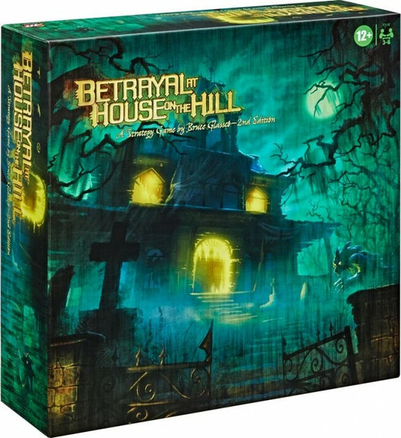 Betrayal at House on the Hill 2nd Edition board game box featuring an ominous haunted house with spooky lighting and shadowy trees. The title is prominently displayed at the top, and the box indicates it's a strategy game for 3-6 players aged 12 and up.