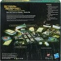 The back of the Betrayal at House on the Hill 2nd Edition game box by Wizards of the Coast, featuring details about the game's components, gameplay mechanics, and spooky themes. The box showcases various game pieces, including character cards and tiles, set against a mysterious and dark background hinting at the horror elements of the game.