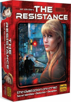 The Resistance board game by Indie Boards and Cards. The box features an illustrated cover showing a woman with long hair against a futuristic city background. The title, 'The Resistance', is prominently displayed in bold letters, conveying themes of secret identities, deduction, and deception. The packaging is visually engaging, appealing to fans of strategic games.