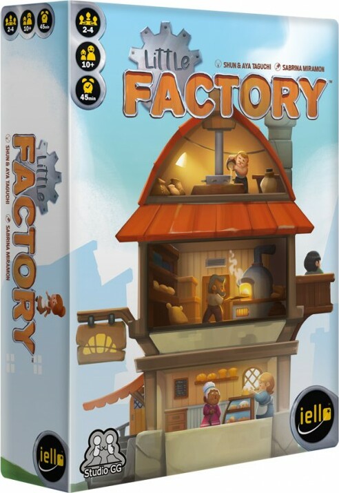 The game box of 'Little Factory' by IELLO, featuring colorful artwork of a whimsical factory with characters engaged in various activities. The box indicates it's designed for 2-4 players, suitable for ages 10 and up, with an estimated playtime of 45 minutes.
