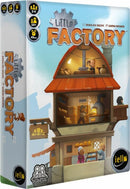 The game box of 'Little Factory' by IELLO, featuring colorful artwork of a whimsical factory with characters engaged in various activities. The box indicates it's designed for 2-4 players, suitable for ages 10 and up, with an estimated playtime of 45 minutes.
