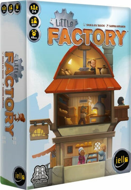 The game box of 'Little Factory' by IELLO, featuring colorful artwork of a whimsical factory with characters engaged in various activities. The box indicates it's designed for 2-4 players, suitable for ages 10 and up, with an estimated playtime of 45 minutes.
