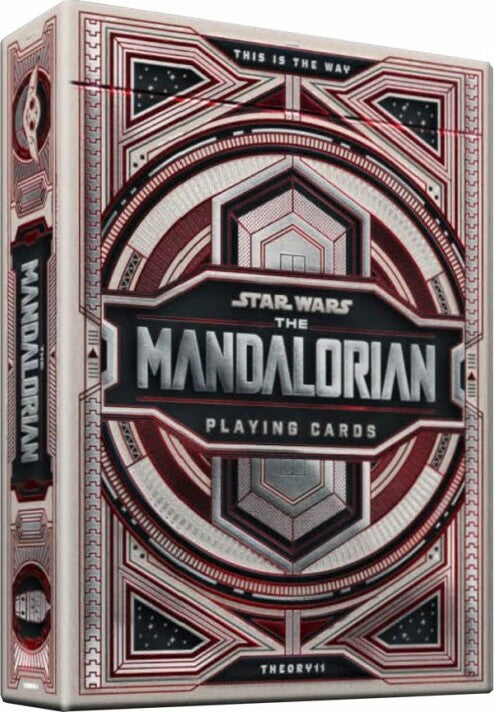 Mandalorian Card Deck by Theory 11 featuring a striking boxed design highlighted with intricate patterns and the iconic Star Wars Mandalorian logo. The packaging emphasizes its collectible nature and unique artwork, appealing to fans of the series and card games alike.