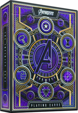 Avengers themed playing card deck by Theory 11 featuring a vibrant purple design with iconic Marvel symbols like Thor's hammer, Black Panther's claw, and the Avengers 'A'. The intricate artwork showcases the Infinity Saga with detailed graphics on the card box, appealing to both collectors and fans.