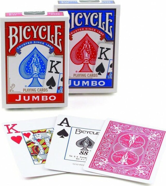 Bicycle Jumbo Index Playing Cards featuring two packs, one red and one blue, alongside visible playing cards including a King, an Ace, and a specialty card from U.S. Playing Card Co.