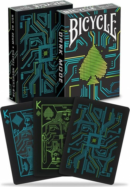 A deck of Bicycle Dark Mode playing cards featuring a sleek, tech-inspired design with vibrant green and blue circuit patterns. The black card faces highlight unique illustrations for the King of Spades and other cards, presented in an eye-catching tuck box that showcases the modern style.