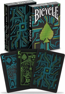 A deck of Bicycle Dark Mode playing cards featuring a sleek, tech-inspired design with vibrant green and blue circuit patterns. The black card faces highlight unique illustrations for the King of Spades and other cards, presented in an eye-catching tuck box that showcases the modern style.