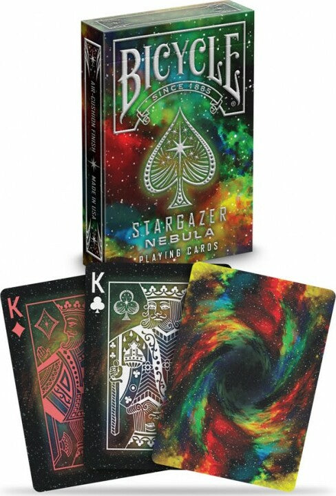 The Bicycle Stargazer Nebula playing cards featuring a vibrant galaxy-themed design. The deck consists of colorful, starry backgrounds with a unique swirling nebula design on the back of the cards and traditional court cards on the front, offering a cosmic twist to classic card games.